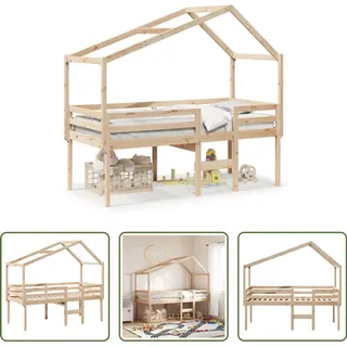 The Living Store Hochbett mit Dach 90x190 cm Massivholz Kiefer - Braun