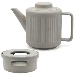 Teekanne Set 1.2 Liter graues Porzellan mit Edelstahl Tee-Filter Sieb-Einsatz für losen Tee & Ø 14 cm Stövchen für 1 Teelicht - ideal für duftende & blumige Teesorten