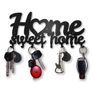 SirHoldeer Schlüsselbrett Home Sweet Home, Schlüsselboard Schwarz mit 10 Haken, Schlüssel Aufbewahrung, Schlüsselhaken Modern, Schlüsselhalter Wand, Key Holder Wall, Wanddeko Flur, Metall Deko