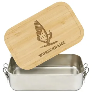 LIEBTASTISCH® Personalisierte Brotdose mit Wunschname - Windsurfer Silhouette Gravur - Edelstahl Windsurfen Geschenk Männer Wassersport - Jausenbox mit Bambusdeckel - Lunchbox