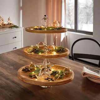 FRANK FLECHTWAREN Etagere Oval, groß, Mangoholz, naturbelassen, Aluminiumguss Maße: 42 x 30 x 51 cm, Tolles Element auch zum verschenken