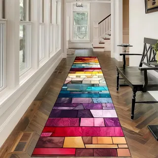 USHIRUG Bunter Teppich Läufer in Steinoptik, 80x200cm, Abstraktes 3D-Karomuster, rutschfest, Maschinenwaschbar Stilvoller Teppich im Regenbogen-Holzplanken für Wohnzimmer und Eingangsbereich