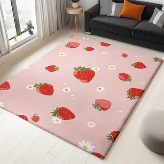 Generisch Teppich für Mädchen Kinder & Damen, Kinderzimmer Schlafzimmer & Wohnzimmer, Süßes Erdbeer Motiv Kawaii Stil, Weicher Flanell rutschfest Waschbar, 80 x 150 cm Rosa