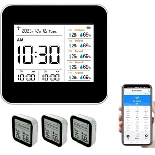 13-in-1-Tuya-WLAN-Intelligentes Thermometer-Hygrometer, präziser Temperatur- und Feuchtigkeitsmesser für den Innenbereich mit Zeit-/Kalender-/Alarmanzeige, unterstützt Remote-App-Steuerung für das