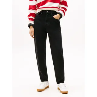 Mom-Jeans TOMMY JEANS "High waist - Mom-Jeans Tapered", Damen, Gr. 32, Länge 34, schwarz (denim schwarz), Denim/Jeans, Obermaterial: 99% Baumwolle, 1% Elasthan, unifarben, casual, gerade, unten schmal, Jeans, mit Logo-Badge, Logostickerei