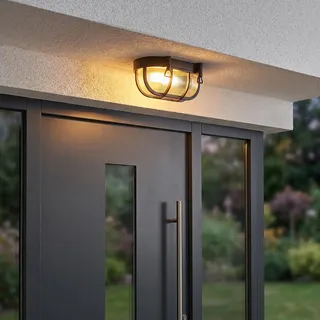 HOFSTEIN Außendeckenleuchte Godel, Außendeckenlampe aus Metall/Riffelglas in Schwarz/Klar, Deckenleuchte draussen im Industrial/Retro/Vintage-Design für Eingangsbereich, Balkon, Terrasse, E27, IP44