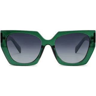SOJOS Sonnenbrille Damen Polarisiert Vintage, Retro Cateye Sonnenbrille Verspiegelt Groß Eckig Schwarz Modern UV400 Katzenauge Brille SJ2205 mit Grün Rahmen/Grau Linse - L