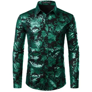 PARKLEES Herren Luxus Paisley Gemustert Golden Glänzend Slim Fit Freizeithemd - L