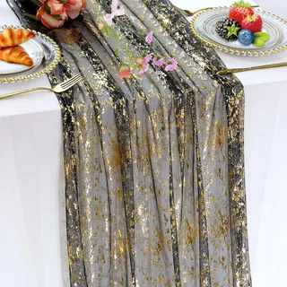 Tischläufer Schwarz Gold 70x300 cm Weicher Tischläufer aus Schwarz Goldener Metallicfolie mit Glitzer Effekt Tüll für Hochzeiten Brautparty Geburtstag Taufe und Festdeko