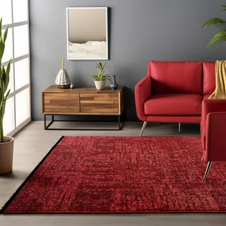 HomebyHome Baumwolle Teppich Rot 240x340 cm - Waschbar, Boho-Stil, Vintage Kelim, Kurzflor, rutschfest & Weich, Einfarbig Meliert, Für Wohnzimmer, Schlafzimmer, Büro & Küche