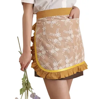 Floosum Taillenschürze für Frauen – schöne halbe Schürze aus Baumwolle mit Spitze, bestickt, für Kellnerin, kurze Schürze für Damen und Mädchen, gelb, Medium