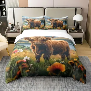 Loussiesd Highland Kuh 100% Baumwolle Bettwäsche Set 135x200cm Steppe Bettbezug Set für Kinder Mädchen Jungs Himmel Betten Set Berg Bettwäsche-Set Blau Braun