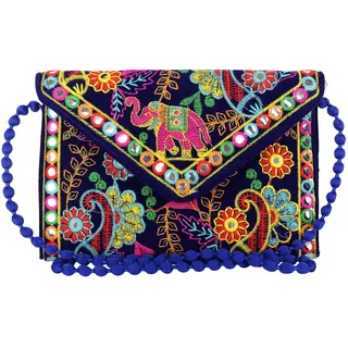 Craft Trade Rajasthani Mini Clutch-Taschen für Frauen Indisch Jaipuri-Kunst Handtasche für Damen Handbestickte Clutch Umhängetasche für Hochzeits Party und Geschenke (Blau) - 8X6 Inches
