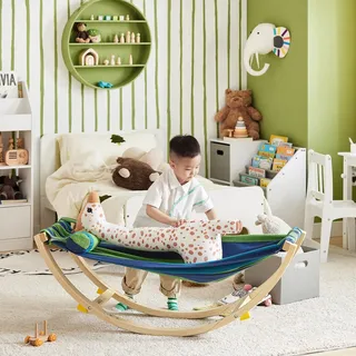 SoBuy Kinderhängematte mit Sicherheitsstopper Schaukelliege Schaukel für Kinder Kinderstuhl Kinderzimmer Holz Hängesack Kinder Bunt BHT ca. 122x48x36cm KMB16-J