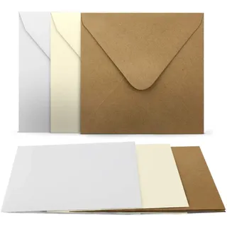 30 Faltkarten mit Umschläge Set - Quadratisch - 240 g/m2 220 g/m2 - Weiss - Creme - Kraft - mit Blankokarten passenden Briefumschlägen - 120 g/m2 90 g/m2 Nassklebung - Kuvert Karte