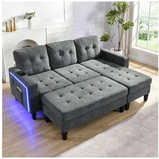Merax Schlafsofa L-Form Sofa mit LED-Beleuchtung, 185x135x85cm, Flexibles Design,Chenille-Stoff 1 Teile, 3-Sitzer Chaiselongen mit XXL Fußbank, Modulares Sofabett Ecksofa grau