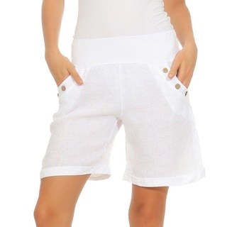 Mississhop Leinenhose Damen Shorts Leinenshorts Bermuda 100 % Leinen kurze Hose 280 mit elastischem Bund, in Unifarbe weiß M (entspr. 34-36)