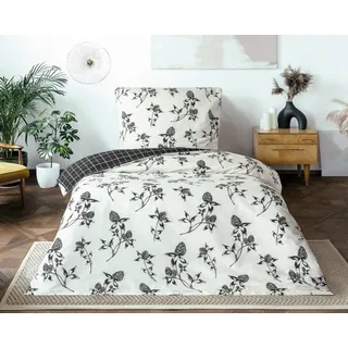 Leonado Vicenti Bettwäsche Set Renforce Baumwolle 4teilig 155x220 cm Blumen Design Wendeseite Kariert Grau Schwarz Weiß Weich Atmungsaktiv Reißverschluss