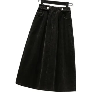 BUJNIE Midi-Rock, Übergröße, Damen, Cordrock, A-Linie, langer Rock, weiblich, Herbst, Winter, hohe Taille, Schwarz, Größe XL - XL