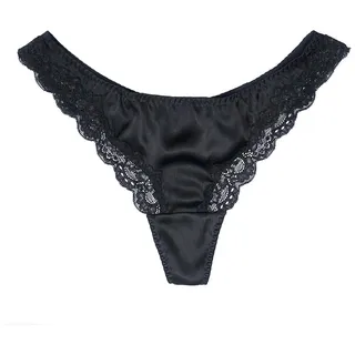 SilRiver Damen Seidensatin-Tanga mit Spitze,T-Back | Cheeky-Design,93% Seidenmix,tiefe Taille,glatt & hautfreundlich,ganztägiger Komfort,eine Nr. größer bestellen - S
