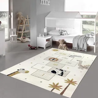 Teppich-Traum Teppich Spielzimmerteppich Kinderzimmer Spielecke Allergiker geeignet leichte Pflege Hüpfspiel mit Tieren Creme, 120 x 170 cm