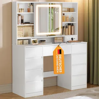 VASAGLE Kailyn Kollektion - Schminktisch mit Spiegel und LED-Leuchten, Steckdosenleiste, 9 Schubladen, 10x Vergrößerungsspiegel, 3 Lichtfarben, werkzeuglose Gleitschienen, wolkenweiß RDT137W01
