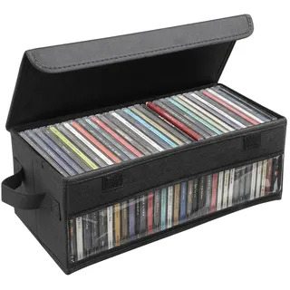 Dntorx CD Aufbewahrungsbox, 36 x 16 x 14 cm Ständer mit Griffen Deckel und Sichtfenster, Stapelbare CD Organizer DVD Aufbewahrung Behälter CD Box Fasst bis zu 32 CDs in vollen Juwelenhüllen (Schwarz)