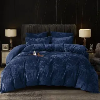 Bettwäsche-Set Samt 135x200 cm Marine Blau mit 2 Kissenbezügen 80x80 cm