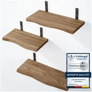 LAMO Manufaktur Wandregal LAMO Manufaktur 3 Stück Wandregal Holz 42/36/30cm, Schweberegal Massiv 100% Echtholz, Wandregale SET 1 Baumkante Farbe: Nussbaum braun