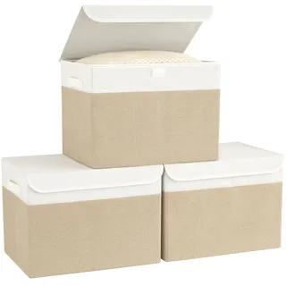 Bagnizer Faltbare Aufbewahrungsbox mit Deckel 3er Set 37x24x24cm | Stoff Aufbewahrungsbox mit Griffen, Mittel Kisten Aufbewahrung mit Deckel für Schlafzimmer, Kleideraufbewahrung, Weiß & Beige