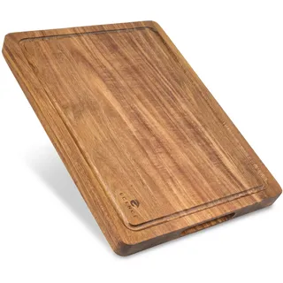 ECENCE Schneidebrett Holz groß 40x30x3cm - Küchenbrett aus Akazienholz | hochwertig, beidseitig nutzbar, mit Saftrille,Serviermulde & seitlichen Griffmulden