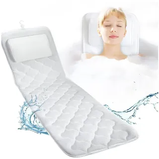 Refined Living Badewannenkissen 125x41cm Badewannenmatte mit Kopfstütze, 4D-Air-Mesh & 13 Saugnäpfen, Duschmatten Luxus Badewannenkissen mit Aufhängehaken, Spa Badekissen, 1-tlg., Ganzkörper Badewannenzubehör mit Nacken- und Rückenstütze, rutschfest, Schimmelresistent, Ergonomisches Kopfkissen Badewanne, Badaccessoires