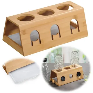 LS-LebenStil Flaschenhalter Holz Flaschenständer Bambus passend für 3 Sodastream Flaschen Abtropfs, (FSC Flaschenhalter - mit Abtropfwanne / Abtropfschale ausziehbar -, 1-St., 3-Fach Flaschenständer Abtropfständer Abtropfgestell), Ständer für Glasflaschen Wassersprudler braun