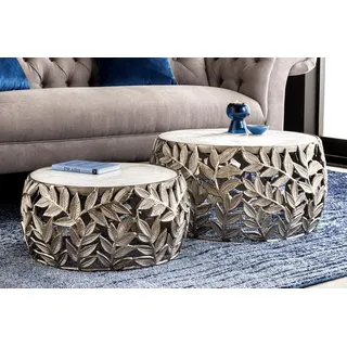 riess-ambiente Couchtisch ABSTRACT LEAF Ø70cm weiß / silber (Set, 2-St), Wohnzimmer · Marmor · Metall · rund · Blatt-Design · handmade · modern silberfarben