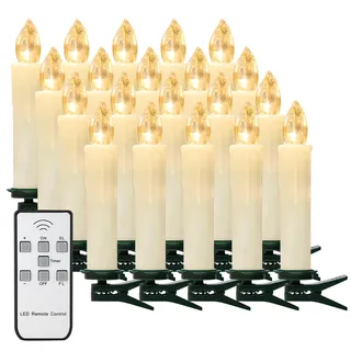 yunsheng 20er Weihnachtsbaumkerzen mit Fernbedienung Timer, Warmweiß Christbaumkerzen Kabellos, Batteriebetriebene Flammenlose Flackern Weihnachtsbaum Lichterkette, Wasserdicht, Weihnachtsdekoration