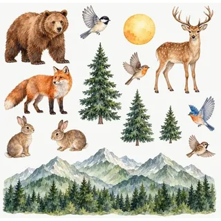 Wandtattoo Kinderzimmer Waldtiere Und Berge, 14er Set, Berge, Bär, Fuchs, Reh, Tannen, Wandsticker selbstklebend und ablösbar, 150 x 150 cm - Grün/Bunt