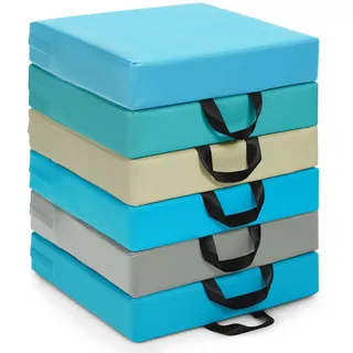GOPLUS 6er Set Kinder Stuhlkissen, Bodenkissen mit Griff, Sitzkissen aus Kunstleder & Schaumstoff, Pflegeleicht, Rechteckig, Stapelbar für Leichtes Verstauen (Blau)