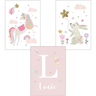 3er Set Poster Regenbogen Wolke Blume Einhorn Tier Kinderzimmer Deko Bilder Set Junge Mädchen Babyzimmer Kinderbilder (Stil 3,30x40cm)