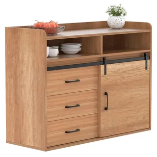 HOMAVO HG1-S Sideboard 107 cm – Modernes Wohnzimmer Sideboard mit 3 Schubladen, 1 Schiebetür & 2 offenen Fächern,Holz - Naturbelassen