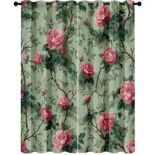 Generisch Vorhang Blickdicht Rosa Rose, Vorhänge Vintage Landhaus Blumen für Schlafzimmer Gardinen mit Ösen H225 x B140 cm, Verdunklungsvorhänge für Wohnzimmer 2er Set