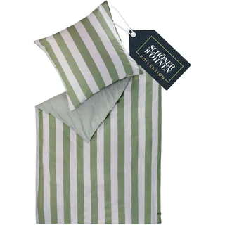 SCHÖNER WOHNEN Panel Bettwäsche 135x200 Baumwolle Grün/Lila - Frühlingsbettwäsche Streifen Design - ÖKOTEX Bettwäsche-Sets 2teilig aus 1x Bettwäschebezug 135x200cm & 1x Kopfkissenbezug 80x80cm