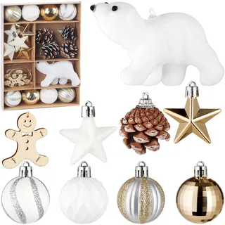 Weihnachtskugel Set 24 Tlg. Eisbär Glitzer Sterne Kugeln Lebkuchen Holz Anhänger