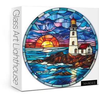 BBOLDIN Buntglas Strand Leuchtturm Puzzle für Erwachsene - 1000 Teile Ozean Sonnenuntergang - Natur Landschaft - Rund - 68.1 cm x 68.1 cm