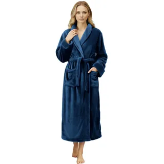 NY Threads Damen-Bademantel, Fleece, Schalkragen, lang, flauschig, Marineblau, Medium - M