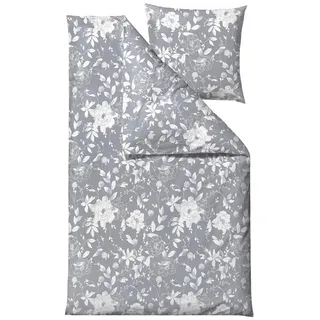 Södahl Bettwäsche Garden Bloom, Satin, 2 teilig, 135x200cm, skandinavischer Blumenlook, Satin grau