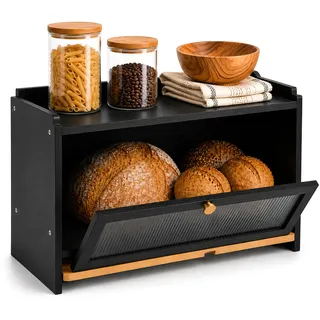 AH® Bambus Brotkasten holz mit Schneidebrett, Holz Brotkästen mit Belüftung- Elegant brotbox küche zur Brotaufbewahrung, bread box | 40x 26 x 23 cm, brotbehälter aus Holz(Shwarz)