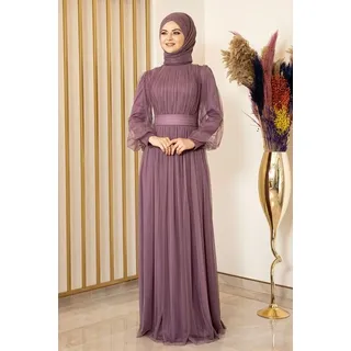 fashionshowcase Tüllkleid Damen Abendkleid Maxilänge Abaya-Stil - Modest Mode vollständig blickdicht & bedeckt lila 42(EU 40)