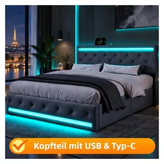 PXloue Polsterbett Modernes Polsterbett mit LED-Beleuchtung, Bettgestell mit USB-Anschluss und modernem Design 180x200 cm grau