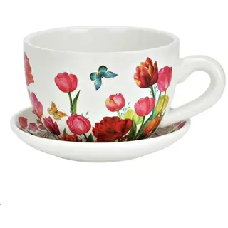 Seyila Home Pflanztasse aus Keramik mit Unterteller, Blumentopf in Tassenform, Deko-Pflanzgefäß,Pflanzkübel, Blumentopf in versch. Größen und Designs (Tulpe, 25 cm)