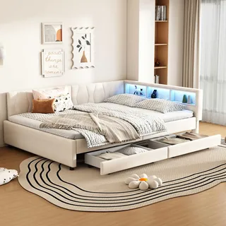 FAVSH Tagesbett 140x200 cm mit Ausziehbett und Schreibtisch, Polsterbett mit LED-Beleuchtung, USB-C-Ladefunktion und Stauraum für Jugendliche und Erwachsene, Leinenstoff, Beige (ohne Matratze)